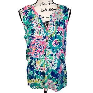Lilly Pulitzer Essie Top Smocked Tank Top Dive In Multi Womens XL Sleeveless